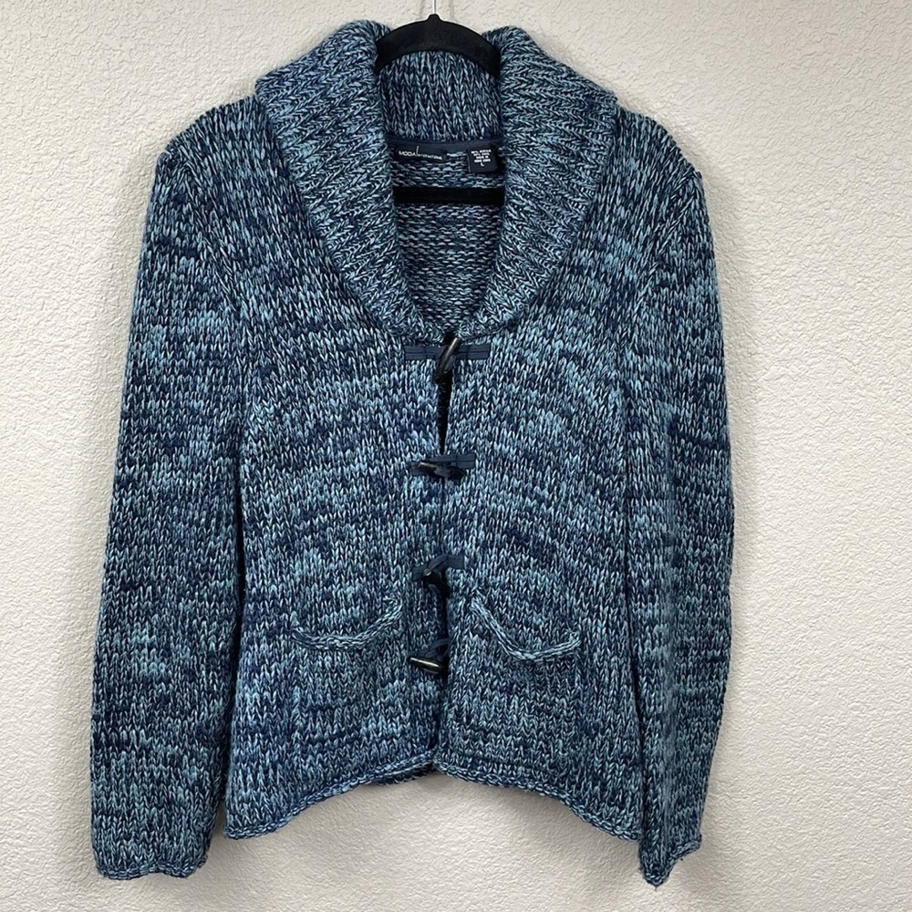 Moda International Wool Blend Chunky Knit Toggle Sweater Coat Blue Sz L